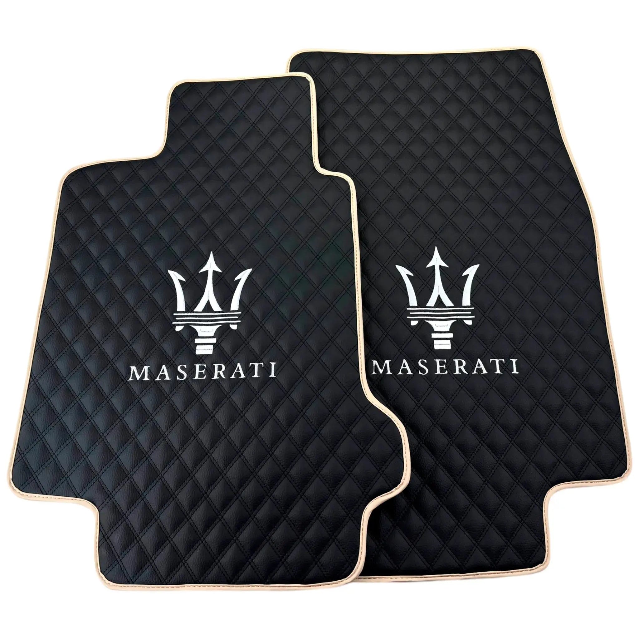 Black Stitched Leather Floor Mats with Logo for Maserati Quattroporte | Beige Trim