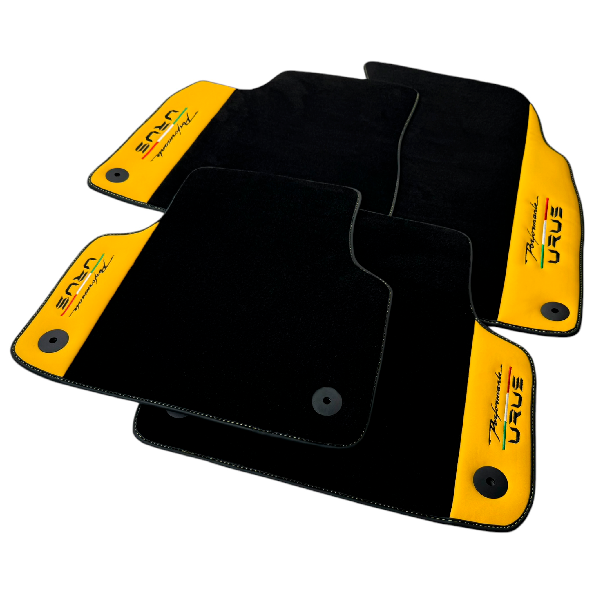 Black Floor Mats for Lamborghini Urus Performante with Yellow Leather | Italian Edition