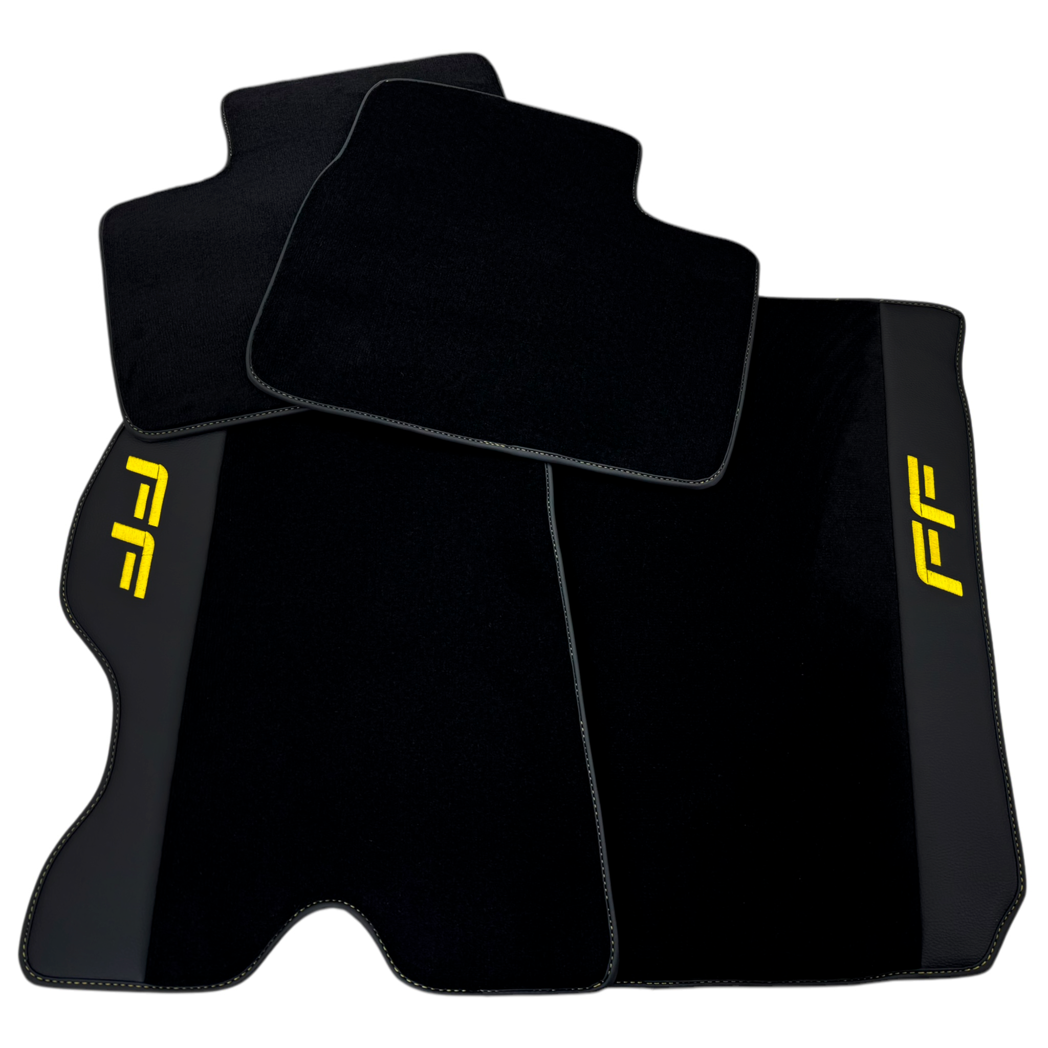 Black Floor Mats for Ferrari FF (2011-2016) with Leather Border | Yellow Edition