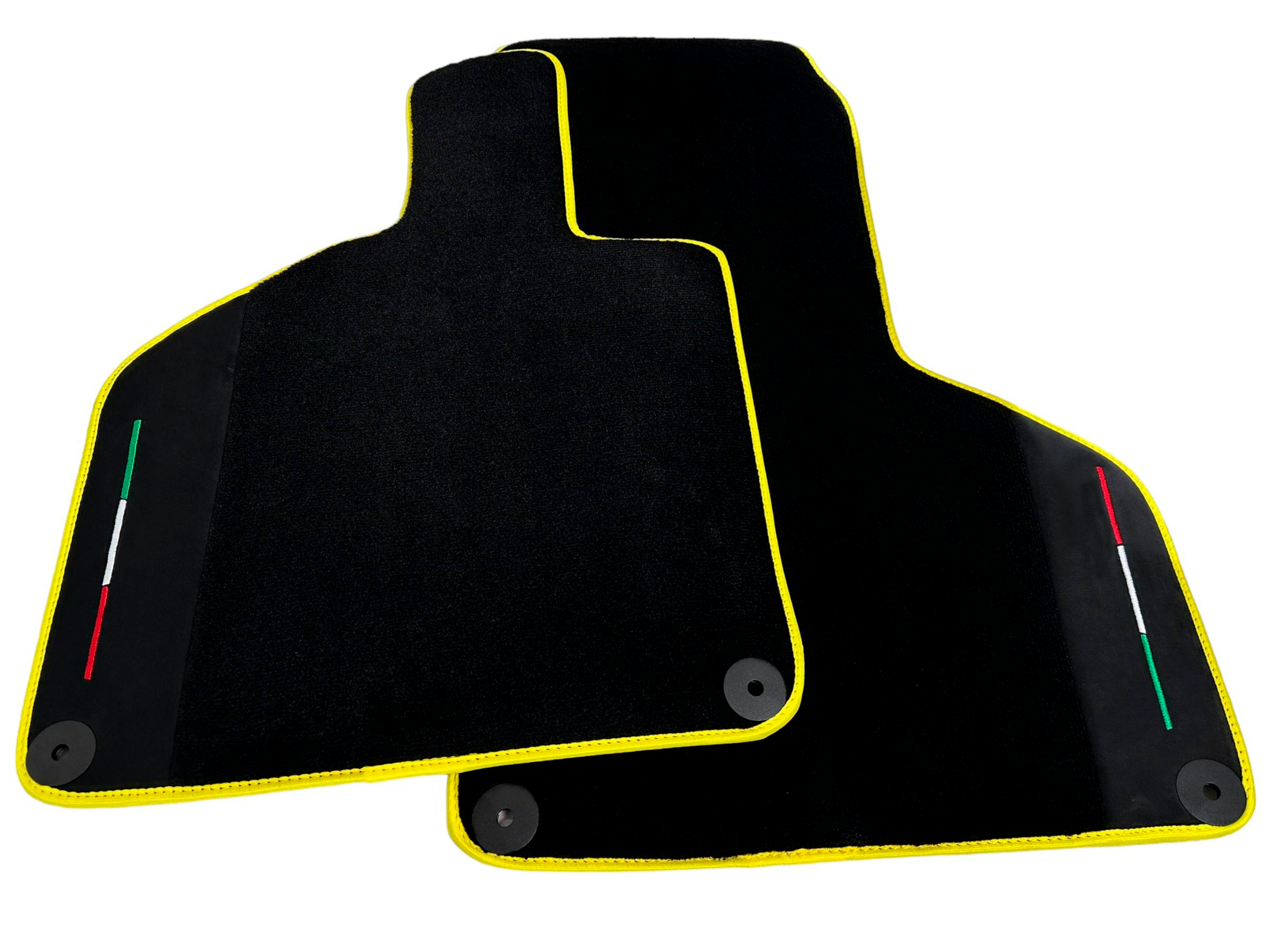 Black Floor Mats for Lamborghini Huracan with Alcantara Leather and Italian Flag | Yellow Trim