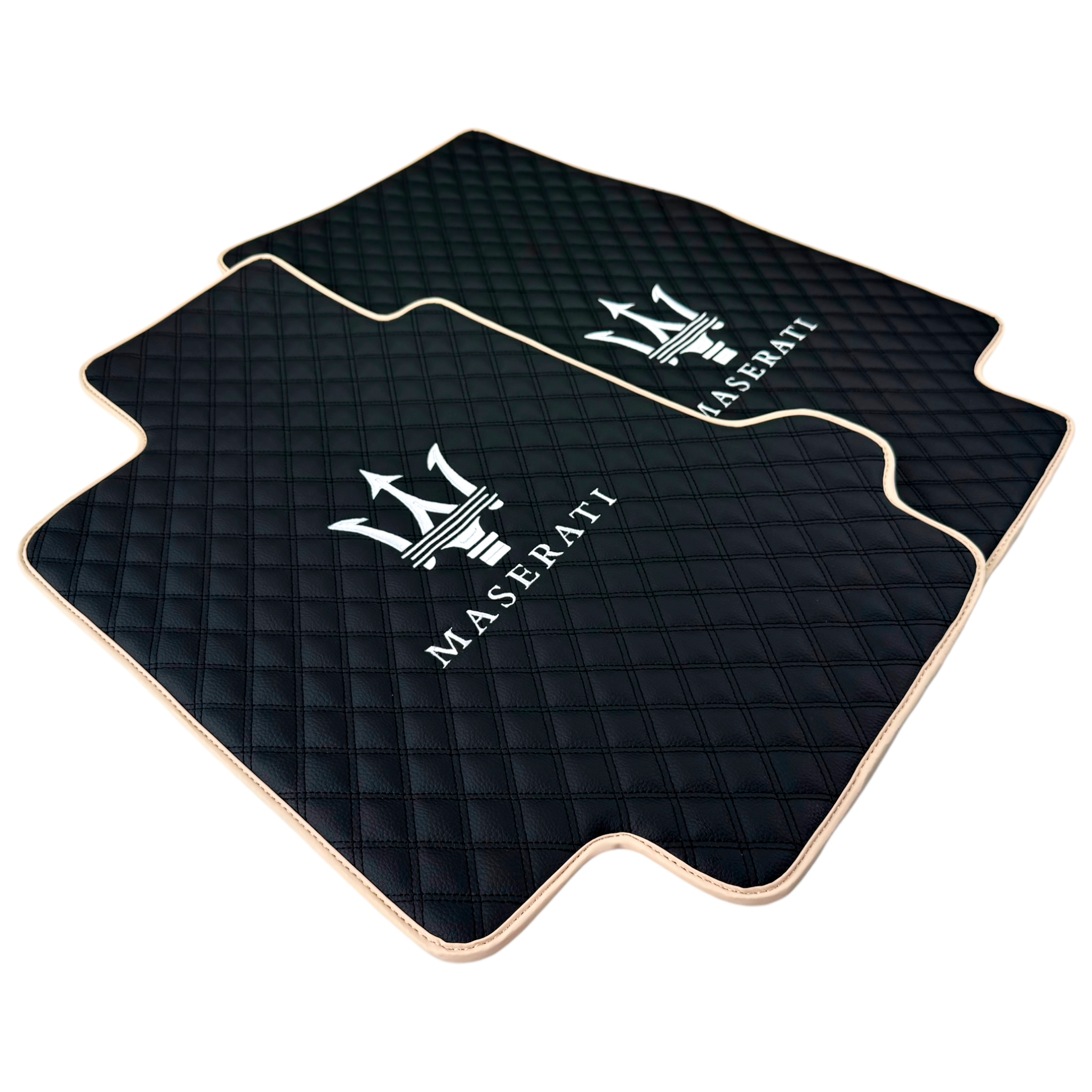 Black Stitched Leather Floor Mats with Logo for Maserati Quattroporte | Beige Trim