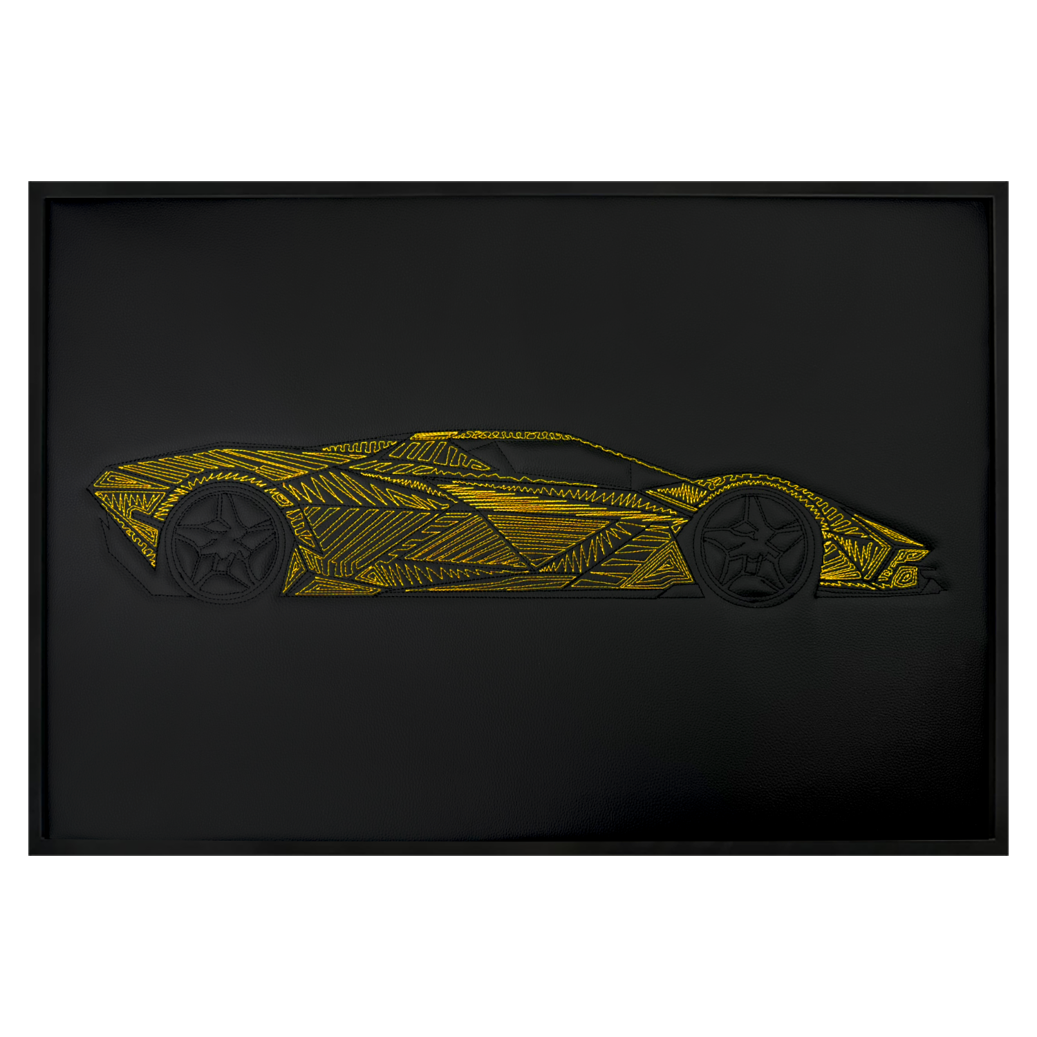 Black Leather Supercar Inspired Wall Art: Embroidered Yellow Stitch