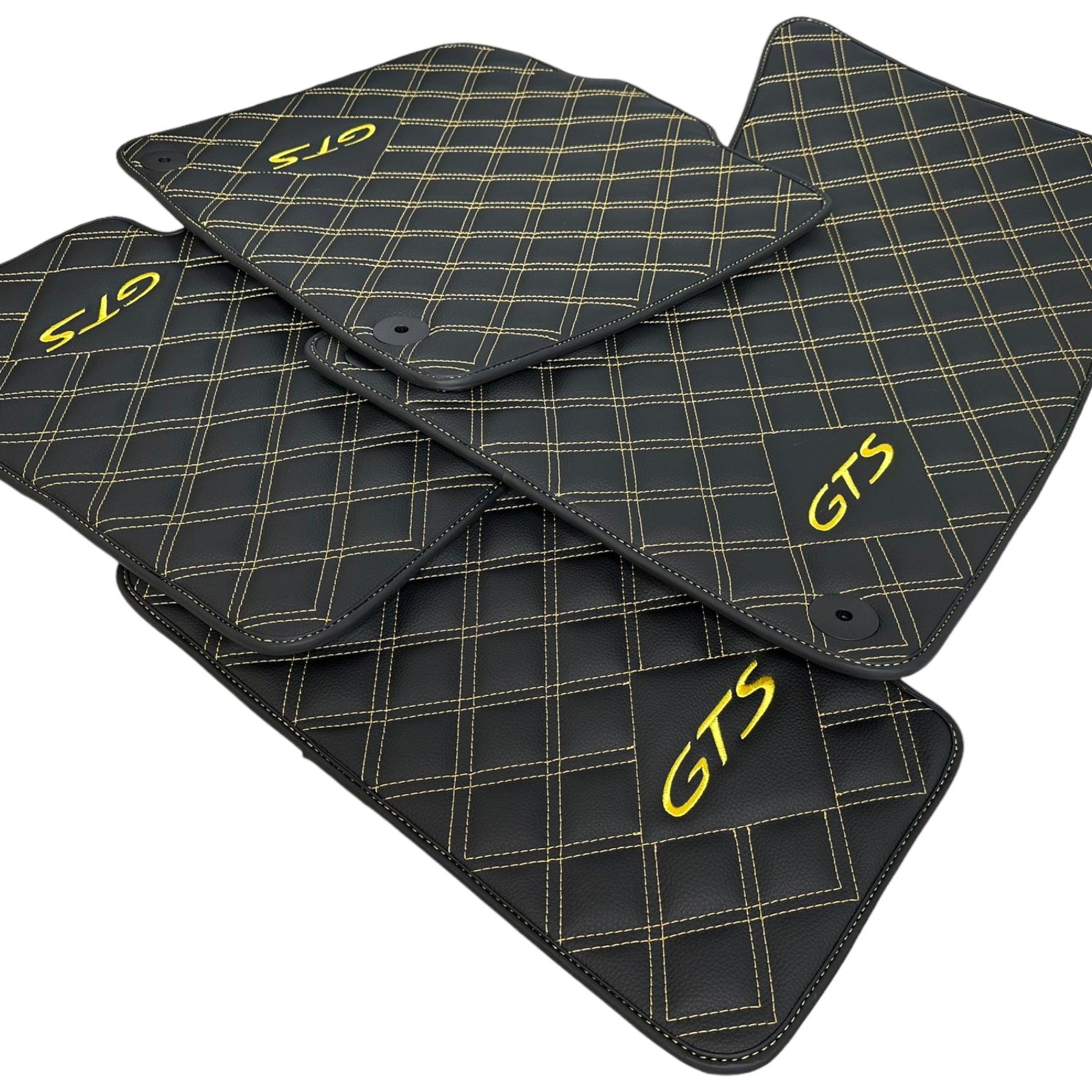 Black Leather Floor Mats for Porsche Macan GTS Yellow Sewing - AutoWin