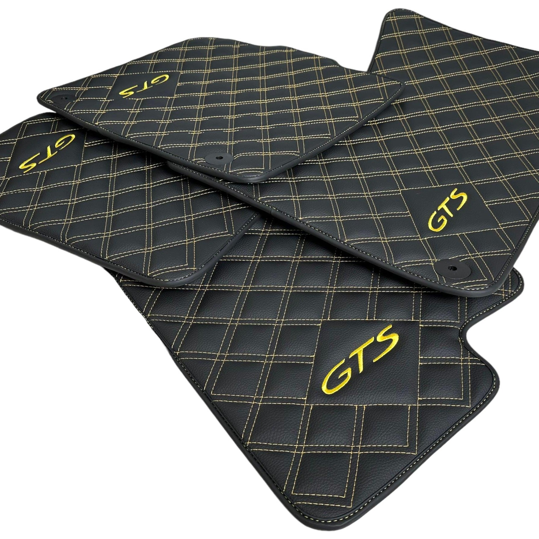 Black Leather Floor Mats for Porsche Macan GTS Yellow Sewing - AutoWin